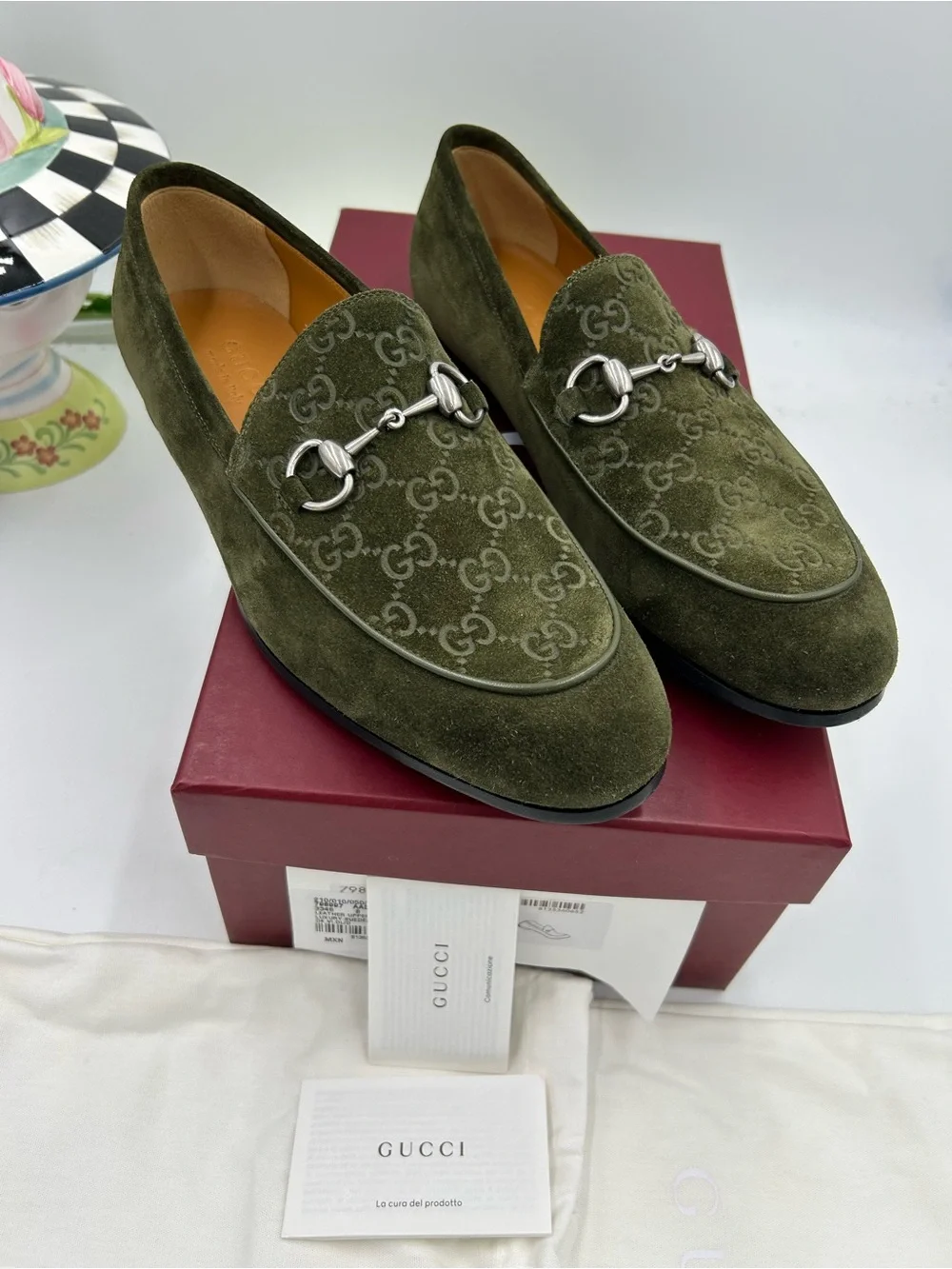 Men's Gucci horse bit GG embossed suede loafers size 8 fits nine US made Italy